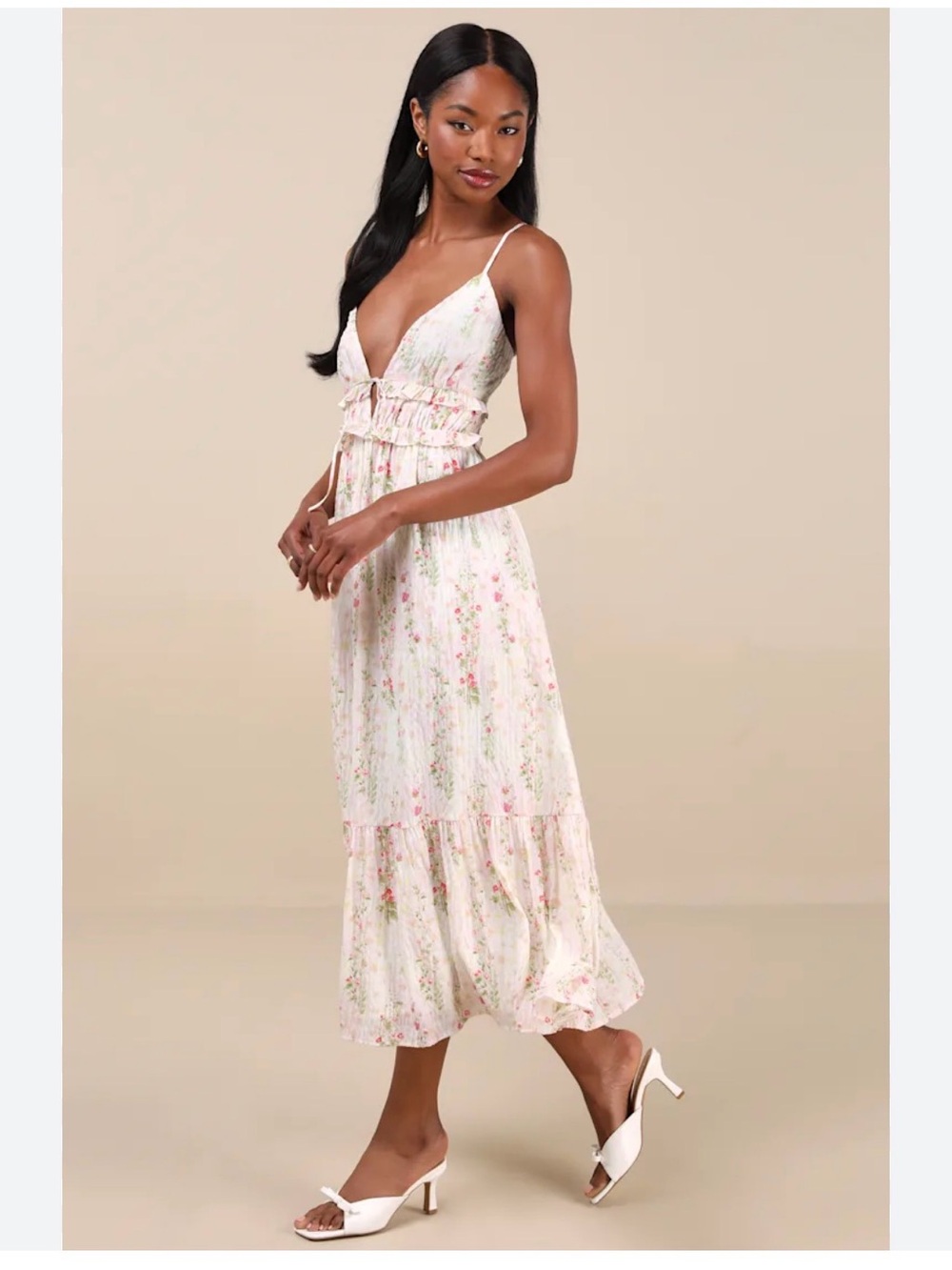 Floral Ruffle Tiered Midi Dress in Cream and Pink NWOT